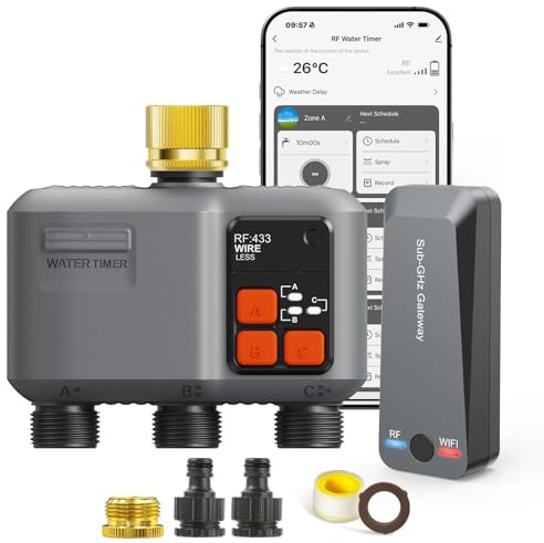 Computer di irrigazione WLAN 3 uscite con ingresso in ottone/tecnologia RF 300M, orologio per irrigazione da giardino, compatibile con app Alexa & Smart Life, sistema di irrigazione automatico per