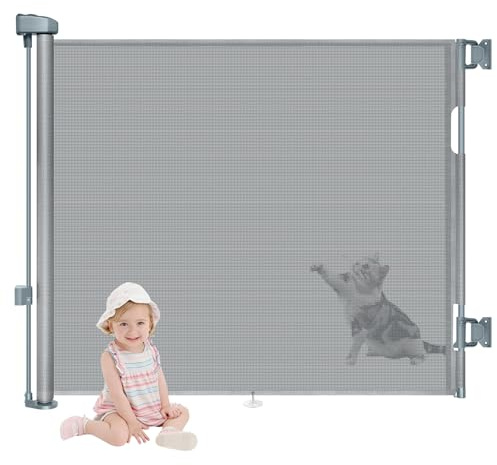 Retractable Stair Gate for Baby,Mesh Extendable Dog & Pet Stair Gates - 86CM Tall & 140CM Wide,Kid/Child Safety Gate for Indoor/Outdoor/Doorways/Hallways/Stairs (GREY)