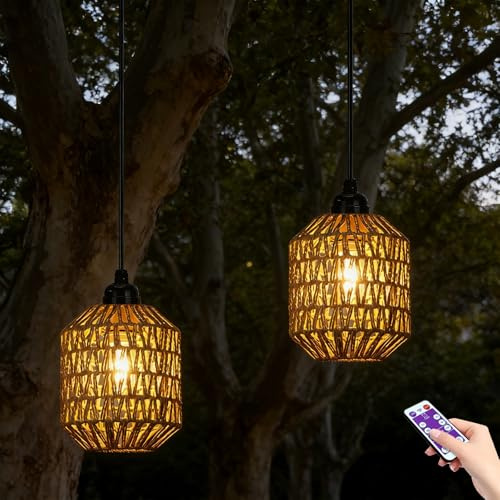DAZZTIME Lampe Hängend,2 Stück Pendelleuchte Rattan,Hängelampe Rattan,Outdoor Hängelampe,Hängeleuchte Rattan Mit Fernbedienung,für Patio Bar Garten Terrasse Wohnzimmer Schlafzimmer