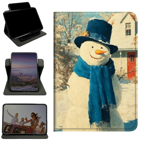 RWUTYTIUL Case for Amazon Kindle Fire HD 8 (8th/7th/6th Generation, 2018/2017/2016 Releases), 360 Degree Rotating Stand with Multi-Angle Vertical Shockproof Shell for Women Men, Blue Towel Snowman