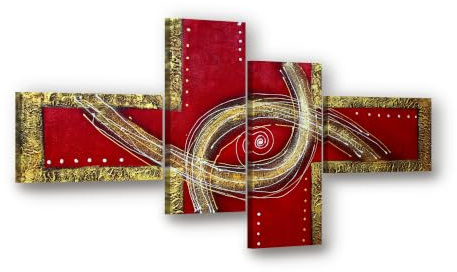 Visario Leinwandbild 4-teilig XXL 160x70 cm 6506 - Abstrakt in Rot und Gold - Goldene Bögen und Ornamente - Wandbild-Set fertig aufgespannt auf Holzrahmen