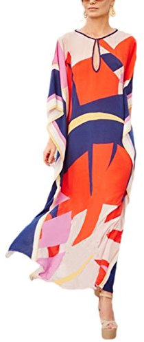 Bsubseach Women Loose Multicolor Colorblock Beach Dress Half Sleeve Long Kaftan Swimsuit Cover Up