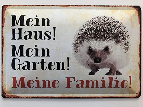 Blechschild 20x30cm gewölbt Igel Mein Haus Garten Meine Familie Sprüche Deko Geschenk Schild