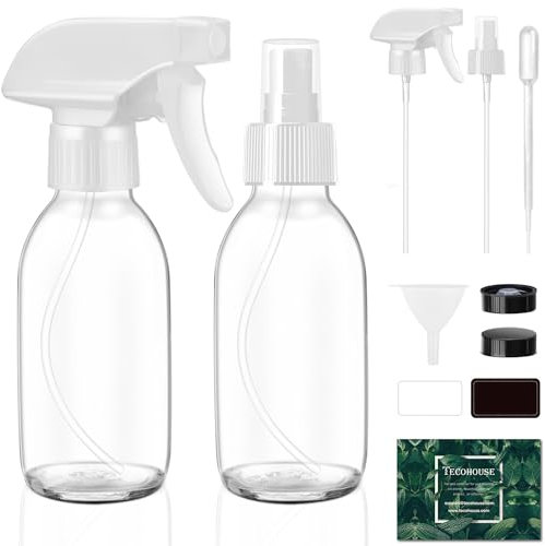 Tecohouse Lot de 2 flacons de pulvérisation en verre pour solutions de nettoyage et huiles essentielles, 4 ml avec étiquettes, entonnoir, couvercles, pipettes graduées sans plomb et sans BPA claire
