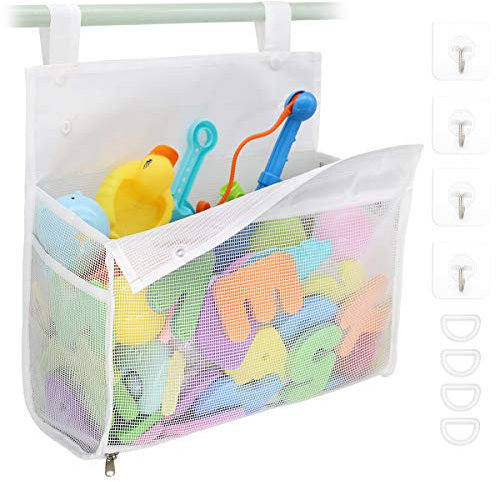 Organizador de juguetes de baño múltiples maneras de colgar, extra grande apertura baño juguete titular de juguete, cremallera inferior bañera juguete bolsa de almacenamiento (blanco)