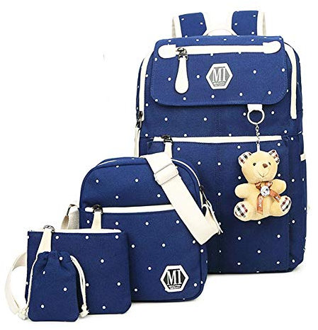 NANANA Kinder Schultaschen Set Polka Dot Leinwand Schulrucksäcke Rucksack mit Schultertasche und Bleistift-Tasche 5-teilig, 19x13x43 cm,Blau