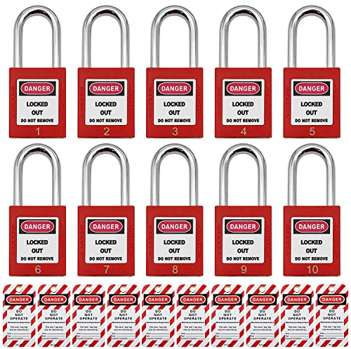 Lockout Tagout-Schlösser, Sicherheits-Vorhängeschloss, Loto-Schlösser, unterschiedlich schließbar, 10 Stück, Sicherheits-Vorhängeschlösser, Kunststoff mit 10 Lockout-Tagout-Tags, Rot