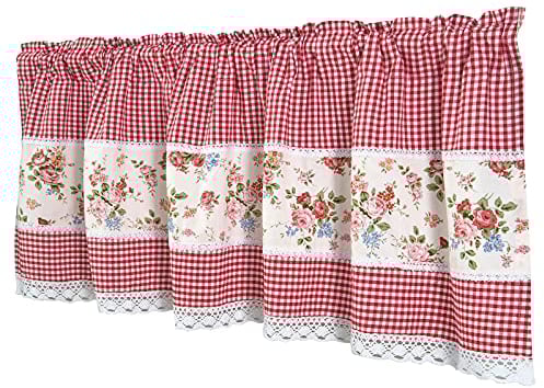 Dreamskull Scheibengardine Bistrogardine Landhaus Kurz Küche Modern Blickdicht Kurzstores Gardinen Kurzgardinen Küchengardine Stangendurchzug mit Blumen Spitze 150 cm Breit Kariert Kleinfenster