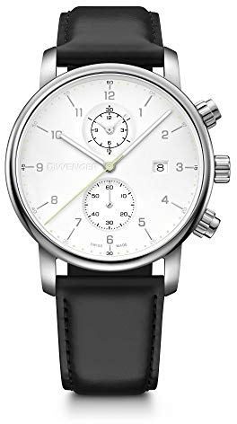 WENGER Herren Armbanduhr Urban Classic Chronograph Ø 42 mm, Swiss Made, Analog Quarz, Wasserdicht bis 100 m, Leder-Armband, Weiß/Schwarz, 01.1743.123
