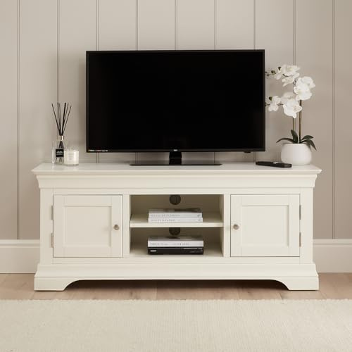 The Furniture Market Wilmslow White Painted Widescreen TV Unit - Up to 60 TV Size, Elegant French-Inspired Design, Adjustable Shelves, Solid Pine Frame - H 570mm x W 1370mm x D 445mm