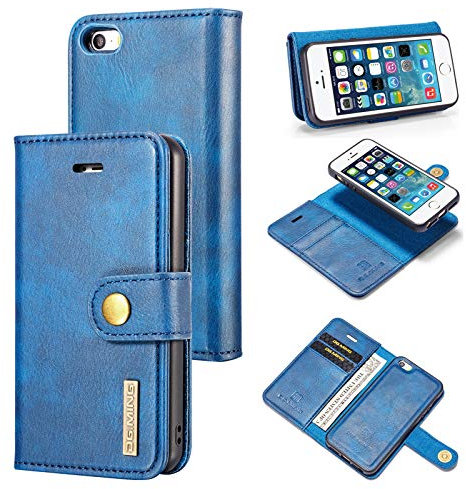 ZORSOME DG.MING for iPhone SE 2020 Genuine Leather Wallet Case, Detachable 2 in 1 Split Leather Wallet Phone Cover,Magnetic Pouch Shell Blue