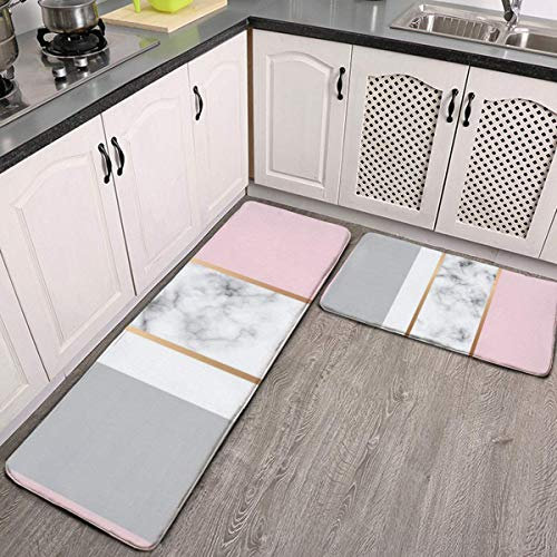 Lot de 2 tapis de cuisine élégants et antidérapants en flanelle douce et lavable - Motif marbre gris et rose - Taille unique