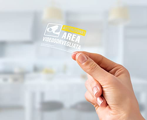 4 Adesivi Videosorveglianza trasparenti, Piccoli, in PVC morbido, per Casa, Automezzi, Negozio, etc. per vetri o superfici lisce, scure, Misura: 10x6 cm