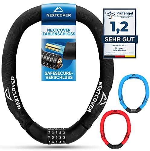 NEXTCOVER® Fahrradschloss mit Zahlencode LockPro - Das Original - [SAFESECURE] hohe Sicherheit I 5- stelliger Zahlencode, Zahlenschloss Fahrrad Stahl I Bike Lock für E-Bike I Kettenschloss