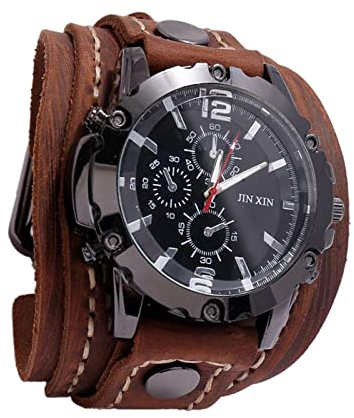 F Fityle Männer Leder Uhren, Retro Punk Armbanduhr breites PU-Lederband, Classic Herrenuhr, Armbanduhr Herren, Herren Analog Quarzuhr Sport Casual Business Armbanduhr für Geburtstagsgeschenk - Brown