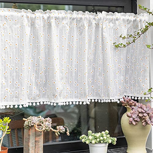 A.Monamour Gardine Scheibengardinen Kurzstores Halbtransparente Weiß Gänseblümchen Bestickt Aus Baumwolle Mit Pom Poms Kurzgardinen Küchengardine Küche Vorhang Fenster Kurz Stores Bistrogardine