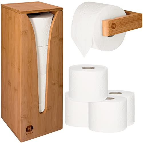 TAKE® Ersatzrollenhalter Toilettenpapier Aufbewahrung [4 Rollen] + inkl. Toilettenpapierhalter Holz für die Wand I Platzsparende Klopapier Aufbewahrung aus 100% Natur Bambus I Klorollenaufbewahrung