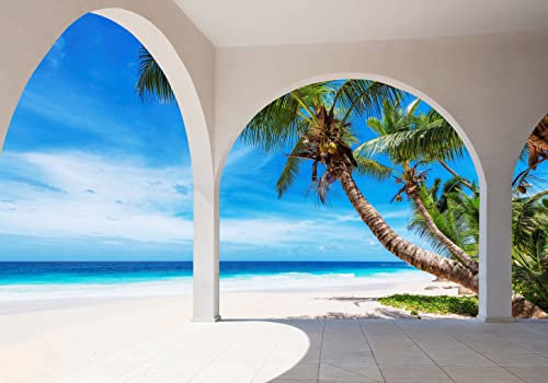 wandmotiv24 Fototapete Ausblick Meer Strand Palmen, M 250 x 175 cm - 5 Teile, Wanddeko, Wandbild, Wandtapete, Sand Terrasse Haus weiß M6812