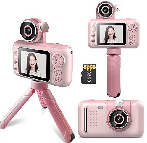 Andoer Kamerakinder, 1080P 40MP Digitalkamera Kinder mit Stativ, 2,4 IPS Bildschirm 180° drehbares Objektiv, 32 GB Speicherkarte, Selfie Kamera Fotoapparat Kinder Geschenk für 3-12 Jahre, Rosa