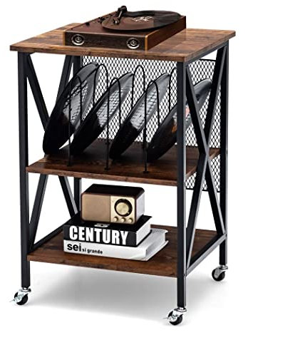 COSTWAY Record Player Stand, Rolling Turntable Stand End Sofa Side Table with Dividers, Shelf & Wheels, Albums Vinyl Record Storage Cabinet for Living Room Bedroom (without Charging Station, Brown)