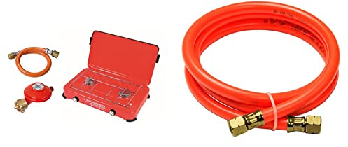 ROTHENBERGER Industrial Zweiflammiger Campingkocher Duo Campingkocher inklusive 0,8 m Schlauch und 50 mbar Propanregler 51 x 36 x 11 cm, 35940 & Niederdruckschlauchleitung 1,5m, 2 x G1/4 L