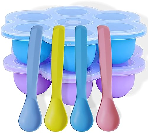 HI NATURE™ Silikon babybrei einfrieren behälter, Babynahrung einfrieren set mit 4 Baby Löffel, Einfrierbehälter, Portionierer babybrei, Förmchen für brei | Hitzebeständig, BPA frei behälter