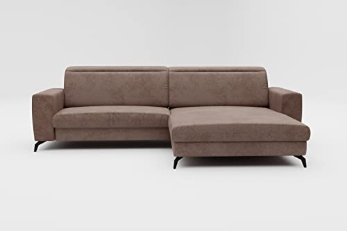 CAVADORE Ecksofa Bounce in Vintage-Leder-Optik / L-Form-Sofa mit Longchair + mattschwarzen Metallfüßen / 290 x 88 x 178 / Mikrofaser, Graubraun