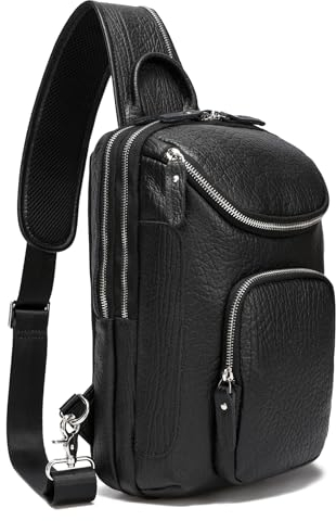 LANNSYNE Vintage Full Grain Leather Sling Bag Crossbody Chest Daypack, Black for 10.5 Ipad, Leather Sling Bag Fits 11 Ipad Pro