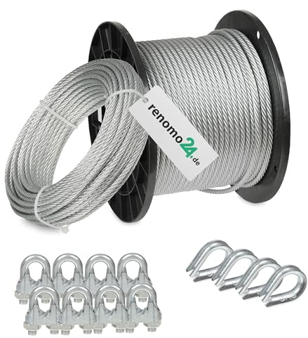Renomo24 Drahtseil Set 2 - Stahlseil 5m 8mm 6x19 verzinkt, 8x Bügelklemmen, 4x Kauschen