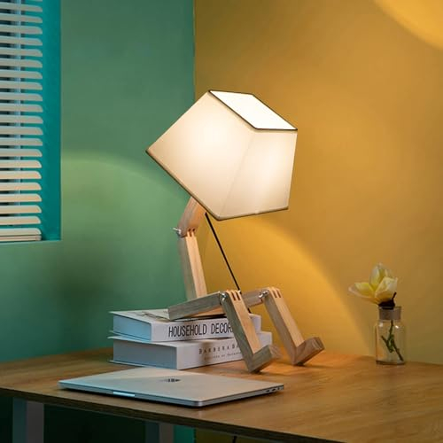 Elinkume Cute Robot Lampada da Scrivania, Lampade da Comodino Dimmerabili, Quadrato Paralume Luce Notturna, Legno Massello Funky Lampada per Bambini, per Camera da Letto, Studio, Ufficio, Soggiorno