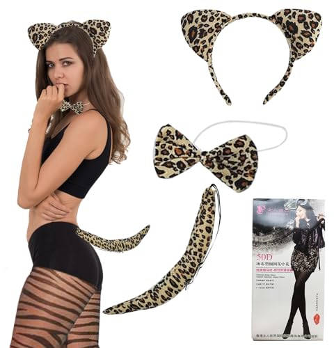 KERANEET 4-teiliges Leoparden Kostüm Set: Damen Leoparden Ohren Tierkostüm mit Leopardenmuster Stirnbänder, Schwanz, Fliege & Socken für Karneval, Halloween & Partys