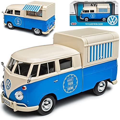 Motormax Volkwagen T1 Buli Food Truck Blau 1950-1967 1/24 Modell Auto mit individiuellem Wunschkennzeichen