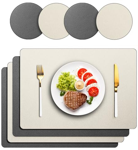 Platzsets Abwaschbar 4er Set, Tischsets Lederoptik Platzdeckchen Abwischbar Doppelseitiges Platzset mit Untersetzer für Küche, Haus, Restaurant, 43x30cm (Beige)