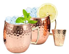 BRACOP® Pure Copper Moscow Mules Mug Tumbler Set Of 2 Hammered Copper Tumbler Tumbler Set Copper Travel Tumbler Copper Ayurveda Drinking Cup For Whisky, Wine, Juice, Bar, Cocktail Glasses Gifts