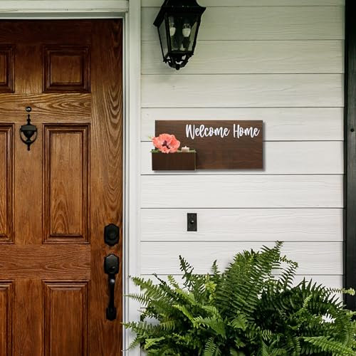 ENTRY ENVY Rich Brown Horizontal Welcome Home Sign with Planter Box For Front Door or Porch