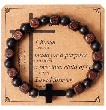 Eigso Schwarz Onyx Perlen Kreuz Armband Christlich für Männer Frauen Mala Perlen Gebet Holzperlen Armband für Mann Frau