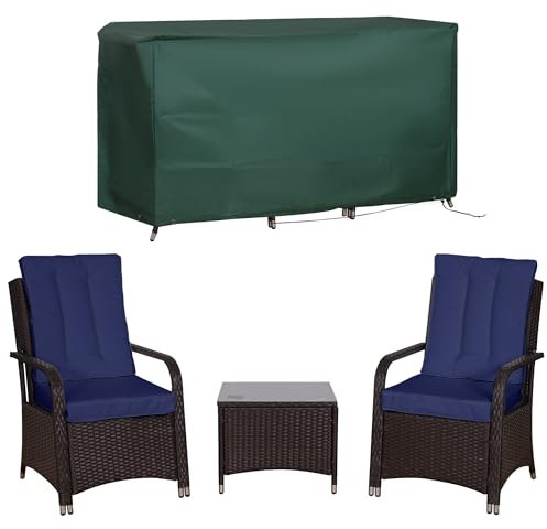 Outsunny 3 Pieces Rattan Bistro Set with Furniture Cover, Wicker Garden Furniture Set, Glass Top Coffee Table and Chairs with Cushions for Outdoor, Patio, Balcony, Dark Blue