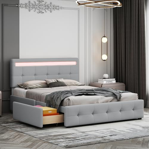 YESGIGA Polsterbett 140 x 200 cm mit LED-Lattenrost & Bettkasten auf Rollen, Einzelbett mit Kopfteil & 4 Schubladen, hautfreudliches Leinen-Oberfläche(ohne Matratze) (Grau)