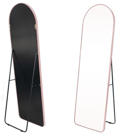 NESHER HOME Miroir Mural Pleine Longueur 160x50cm Complet arqué à Poser au Sol avec Support ou à accrocher au Mur avec kit de Fixation Inclus - Finition du Cadre en Aluminium brossé Rose Gold