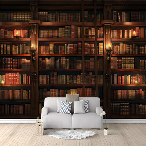Fototapete Retro-Bücherregal 400x280 cm Vlies Tapete 3D Effekt Moderne Wandtapete Dekoration, für Wohnzimmer Schlafzimmer TV-Hintergrund Wanddeko Wallpaper