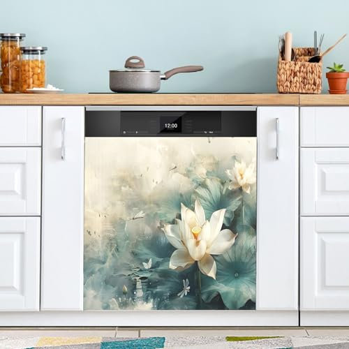 Copertura magnetica per lavastoviglie con libellula e fiore bianco vintage, decorazione per frigorifero, pannello magnetico per lavastoviglie, 58,4 x 66 cm