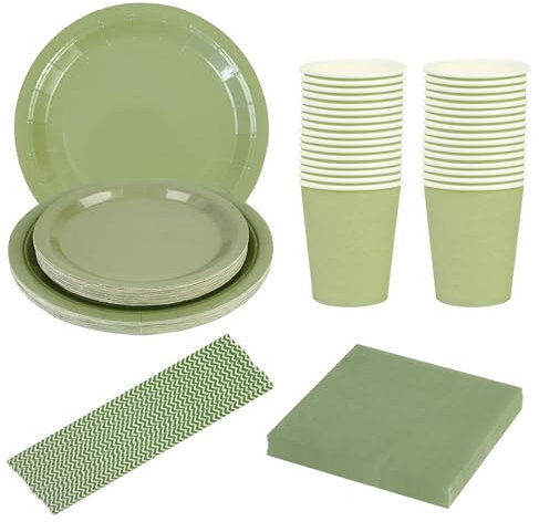 Juego de 125 platos de papel verde hierba, accesorios para fiestas, 25 invitados, platos de papel, vasos, servilletas, pajitas para cumpleaños o bodas