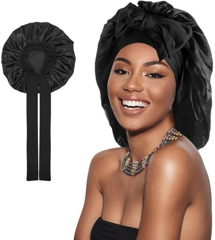 YueJieSelected Seidenhaube zum Schlafen Lange Haare,Silk Bonnet Sleep Cap,Schlafhaube Seide,Satin Haarhaube für Die Nacht,Schlafhaube Haare Schützen CapSeidenhaube zum Schlafen (schwarz)