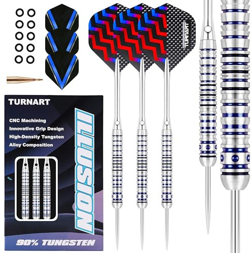 Turnart Dartpfeile Metallspitze 90% Tungsten 3 Stück 22,24,26 Gramm Professionelles Wolfram-Steeltip-Dart-Set Dart professionelle Stahlpfeile mit Metallspitzen mit Flights, Schäften (Blau, 26G)