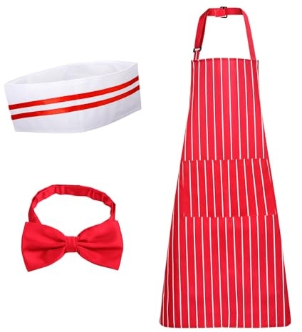Mikovivi Kochkostüm, Rot-Weiß Gestreifte Schürze mit 2 Taschen Kochmütze und Fliege Karnevalskostüm Kellnerkostüm Set im 50er-Jahre-Stil für Cosplay Partyzubehör für Erwachsene