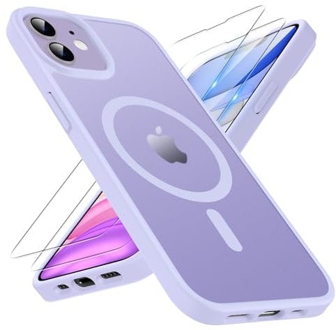 TQIAHF Magnetic Phone Case for iPhone 11 Case with 2 Tempered Glass Screen Protector Compatible with MagSafe Military Grade Shockproof Translucent Matte Cover Slim Phone Case for iPhone 11,Purple