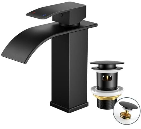 FORIOUS Wasserhahn Bad Schwarz mit Ablaufgarnitur,Wasserfall Waschtischarmatur Einhandmischer Armatur Waschbecken mit Auslauf Höhe 110 MM,Wassersparend, Energiesparend