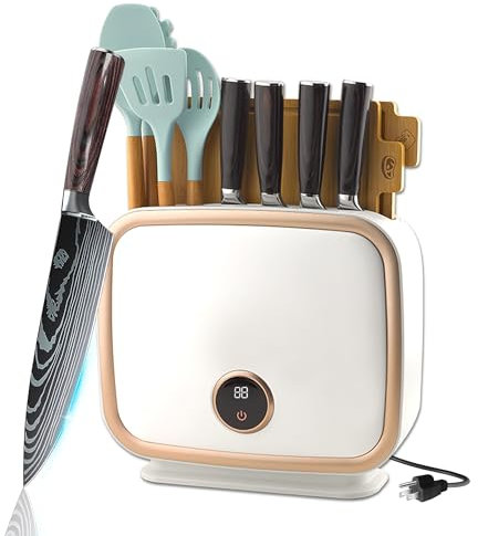 Smart Cutting Board and Knife Set with UV Sterilisation, Self Cleaning Cutting Board Set with 2 Cutting Boards, 4 Damascus Stainless Steel Knives and 4 cookwares, Drying Holder Organizer for Kitchen
