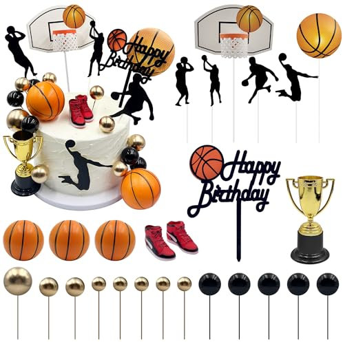 Firleayo 25pcs Basketball Cake Toppers Basketball Theme Cake Decoration Black Gold Balls Player Cupcake Decorations Happy Birthday Sign Topper for Boy Men Birthday Sport Party Supplies