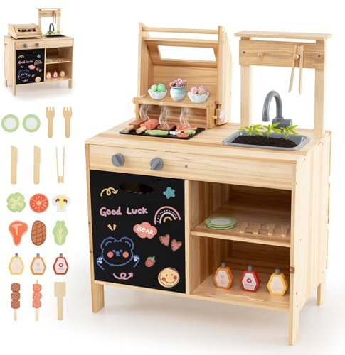 HOMASIS Cucina per Bambini da Esterno, Cucinetta da Gioco con Griglia, Lavagna e Lavello, Cucina Giocattolo con 27 Accessori per Bambini dai 3+ Anni in su, Naturale
